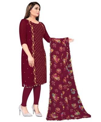 Maroon Georgette Embroidered Unstitched Dress Material 3
