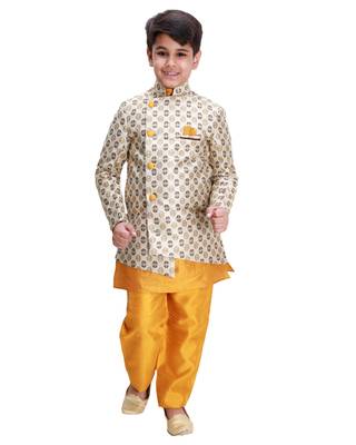 Yellow printed cotton silk boys-indo-western-dress 1