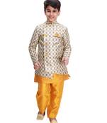 Yellow printed cotton silk boys-indo-western-dress