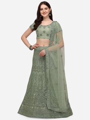 Green embroidered net semi stitched lehenga 1