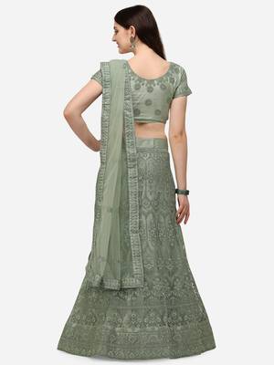 Green embroidered net semi stitched lehenga 2