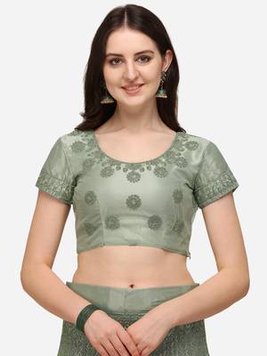 Green embroidered net semi stitched lehenga 4