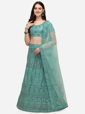 Turquoise embroidered net semi stitched lehenga 1