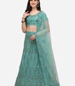 Turquoise embroidered net semi stitched lehenga