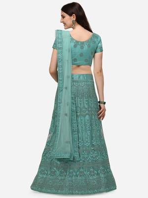 Turquoise embroidered net semi stitched lehenga 2