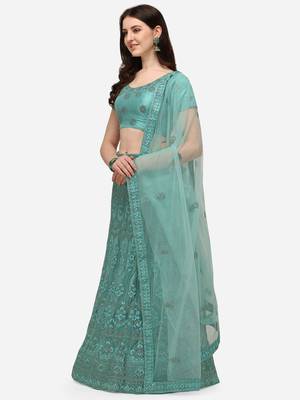 Turquoise embroidered net semi stitched lehenga 3