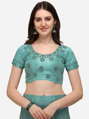 Turquoise embroidered net semi stitched lehenga 4