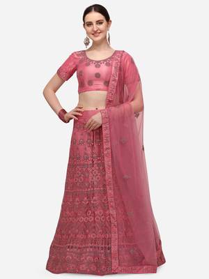 Pink embroidered net semi stitched lehenga 1