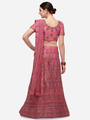 Pink embroidered net semi stitched lehenga 2