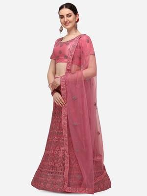 Pink embroidered net semi stitched lehenga 3
