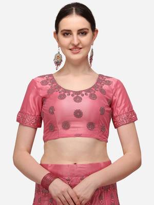 Pink embroidered net semi stitched lehenga 4