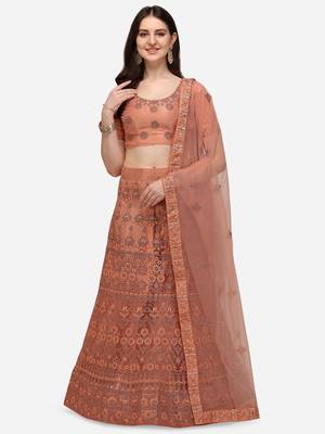 Peach embroidered net semi stitched lehenga 1