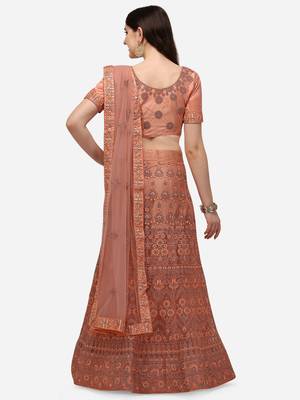 Peach embroidered net semi stitched lehenga 2