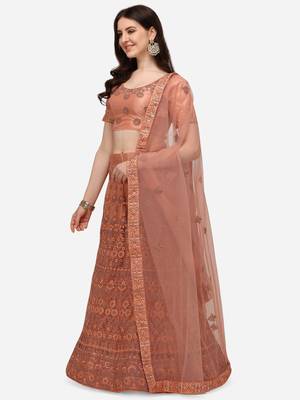 Peach embroidered net semi stitched lehenga 3