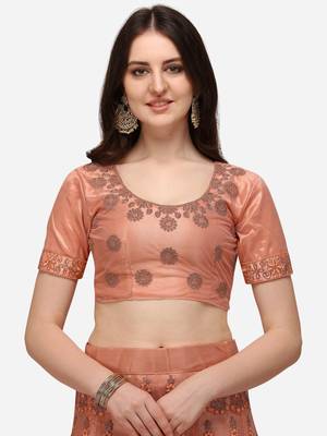 Peach embroidered net semi stitched lehenga 4