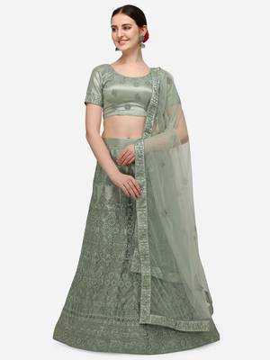 Green embroidered net semi stitched lehenga 1