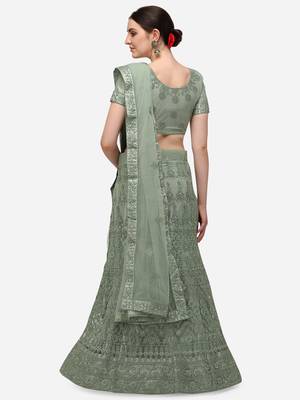 Green embroidered net semi stitched lehenga 2