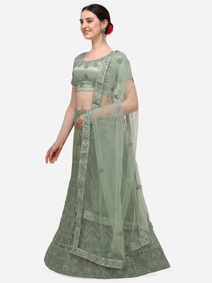 Green embroidered net semi stitched lehenga 3