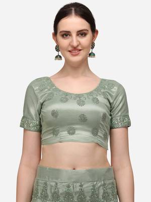 Green embroidered net semi stitched lehenga 4