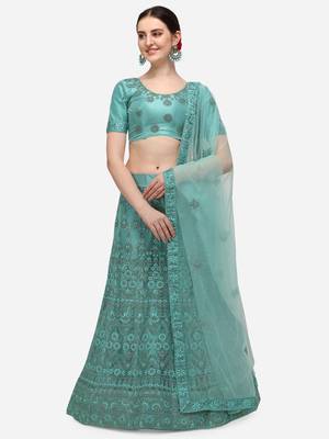 Turquoise embroidered net semi stitched lehenga 1