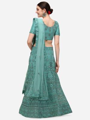Turquoise embroidered net semi stitched lehenga 2