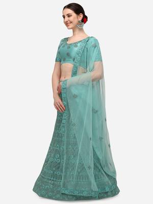 Turquoise embroidered net semi stitched lehenga 3