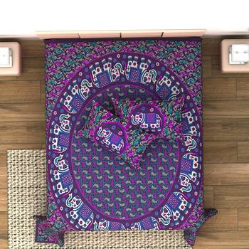 Jaipuri Print Cotton Mandala Double Badsheet  White Elephant 240 TC With 2 Pillow Cover 3
