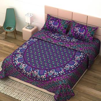 Jaipuri Print Cotton Mandala Double Badsheet  White Elephant 240 TC With 2 Pillow Cover 1