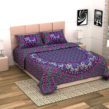 Jaipuri Print Cotton Mandala Double Badsheet  White Elephant 240 TC With 2 Pillow Cover 4