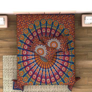 Jaipuri Print Cotton Mandala Double Badsheet Mirchi 240 TC With 2 Pillow Cover Size/ 90 X 108 Inch, Color - Blue 2