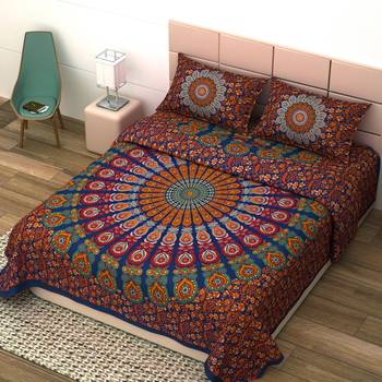 Jaipuri Print Cotton Mandala Double Badsheet Mirchi 240 TC With 2 Pillow Cover Size/ 90 X 108 Inch, Color - Blue 3