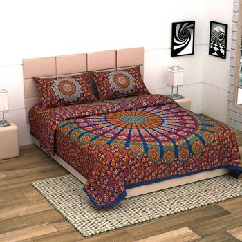 Jaipuri Print Cotton Mandala Double Badsheet Mirchi 240 TC With 2 Pillow Cover Size/ 90 X 108 Inch, Color - Blue 4