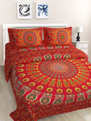 Jaipuri Print Cotton Mandala Double Badsheet Mirchi 240 TC With 2 Pillow Cover 1