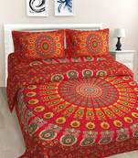 Jaipuri Print Cotton Mandala Double Badsheet Mirchi 240 TC With 2 Pillow Cover