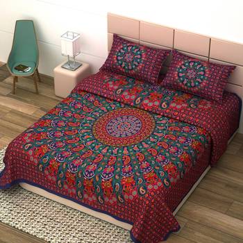 Jaipuri Cotton Mandala Double Badsheet Animal with Gujri Print 240 TC With 2 Pillow Cover Size/ 90 X 108 Inch 1