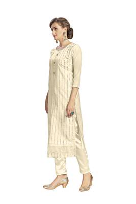 Women'S Beige Modal Chanderi Mukaish Work Unstitched Salwar Suit Material With Innar 3