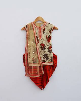 Beige Printe Kurti with Oranger Dhoti 1