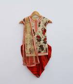 Beige Printe Kurti with Oranger Dhoti