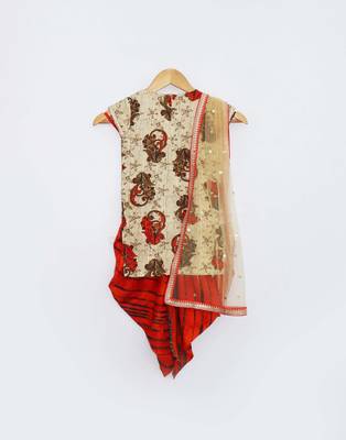 Beige Printe Kurti with Oranger Dhoti 2