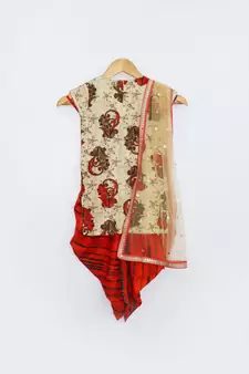 Beige Printe Kurti with Oranger Dhoti