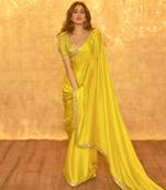 Janhvi Kapoor Style Yellow Satin Silk Embroidered Saree Bollywood Saree