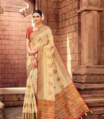 Cotton silk light golden color wedding wear saree collection multi butta matching blouse