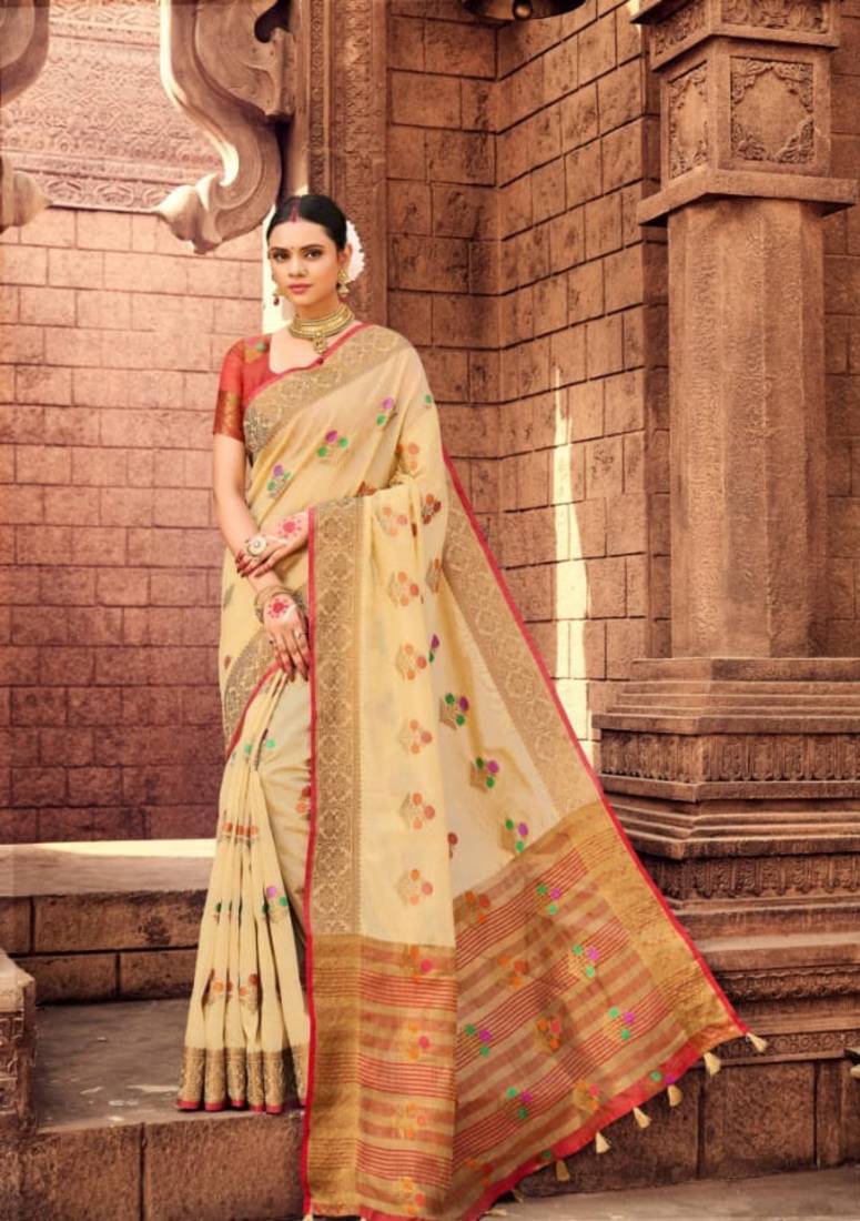 Cotton silk light golden color wedding wear saree collection multi butta matching blouse
