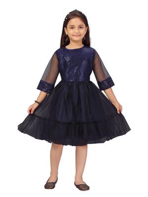 Blue embroidered net kids-frocks 1