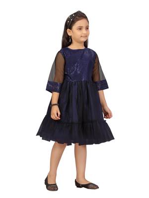 Blue embroidered net kids-frocks 2