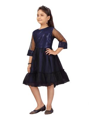 Blue embroidered net kids-frocks 3