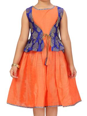 Orange plain silk kids-frocks 5