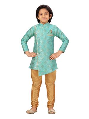 Turquoise plain silk boys-kurta-pyjama 1