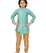 Turquoise plain silk boys-kurta-pyjama