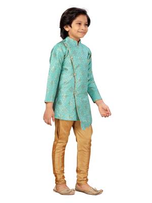 Turquoise plain silk boys-kurta-pyjama 2